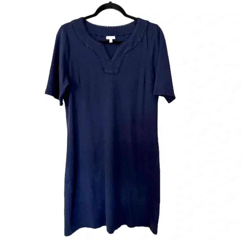 Talbots Women’s Short Sleeve Detailed V-Neck Navy Blue Cotton Dress Size M GUC
